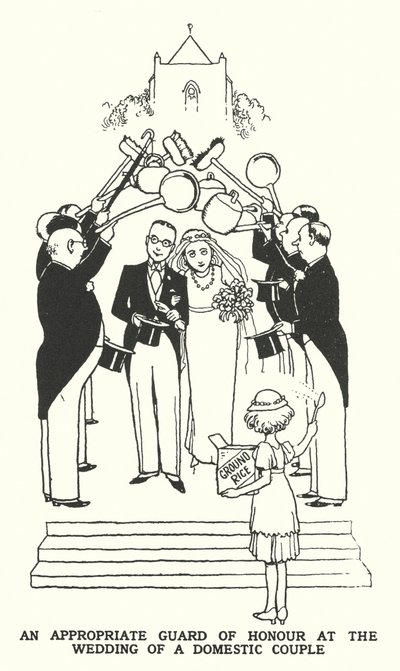 Megfelelő díszőrség egy hazai házaspár esküvőjén (litho) alkotó: William Heath Robinson