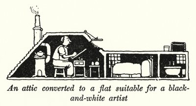 Fekete-fehér művésznek alkalmas lakássá alakított tetőtér (litho) alkotó: William Heath Robinson