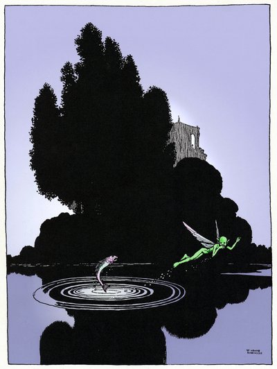 William Shakespeare "Álom egy nyári éjszakára" című művének (1595) IV. felvonásának bevezető lapján ábrázolt manó, W. Heat Robinson 1914-es kiadású rajza, Constable. alkotó: William Heath Robinson