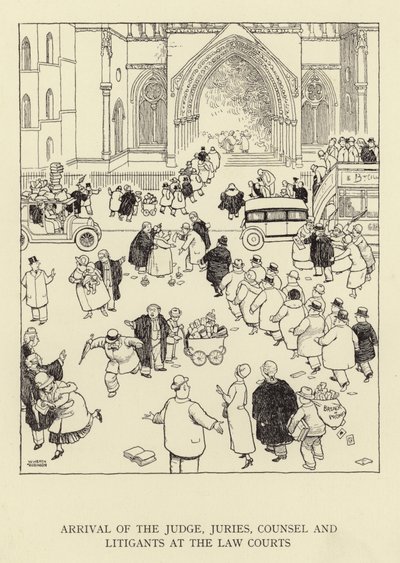 A bíró, az esküdtszékek, a jogtanácsosok és a peres felek megérkezése a bíróságokhoz alkotó: William Heath Robinson