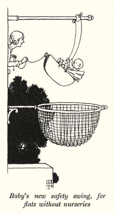 Baba új biztonsági hinta, bölcsőde nélküli lakásokhoz (litho) alkotó: William Heath Robinson