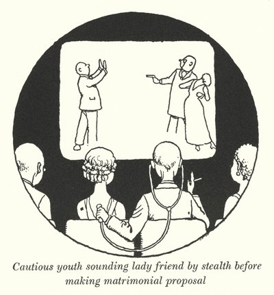 Óvatos, fiatalos hangú hölgy barát, lopakodva házassági ajánlattétel előtt (litho) alkotó: William Heath Robinson
