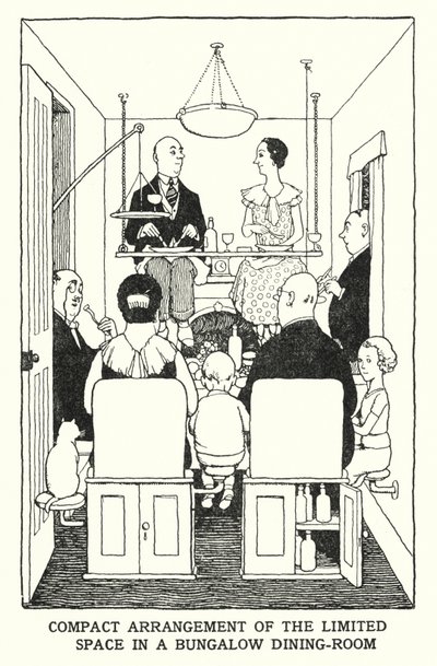 A korlátozott hely kompakt elrendezése egy bungaló étkezőben (litho) alkotó: William Heath Robinson