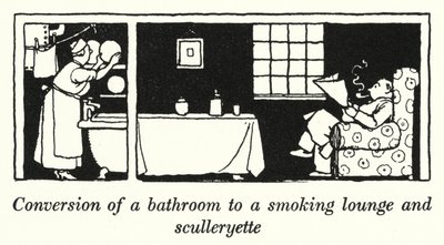 Fürdőszoba átalakítása dohányzó szalonná és mosdókagylóvá (litho) alkotó: William Heath Robinson