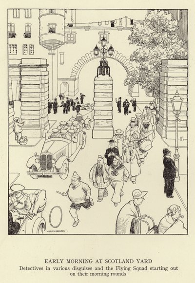 Kora reggel a Scotland Yardon, különféle álruhás nyomozók és a Flying Squad indul a reggeli körökben alkotó: William Heath Robinson