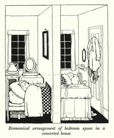A hálószobák gazdaságos elrendezése átalakított házban (litho) alkotó: William Heath Robinson