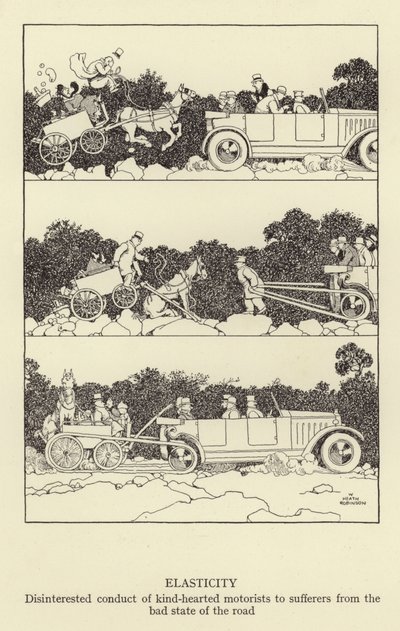 A jószívű autósok rugalmassága, önzetlen magatartása a rossz útviszonyok elszenvedőivel szemben alkotó: William Heath Robinson