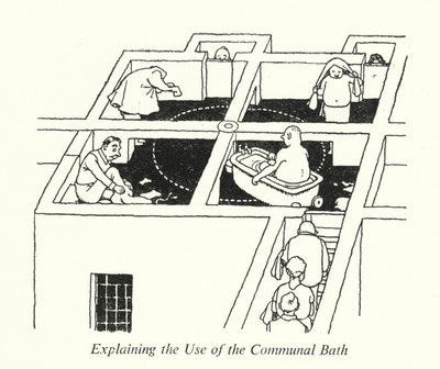 A közösségi fürdő használatának ismertetése (litho) alkotó: William Heath Robinson