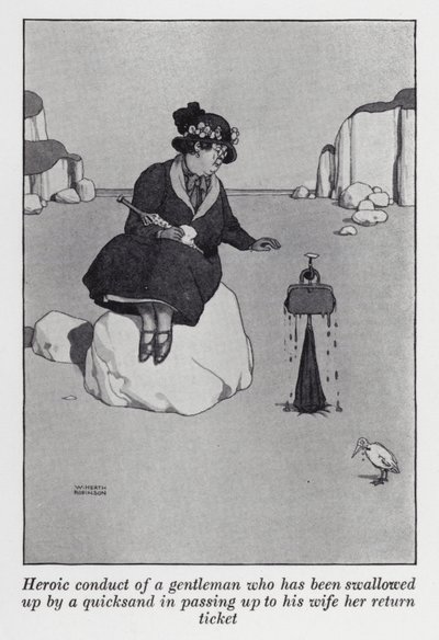 Egy úriember hősies magatartása, akit elnyelt a futóhomok, amikor átadta feleségének a retúrjegyét (litho) alkotó: William Heath Robinson