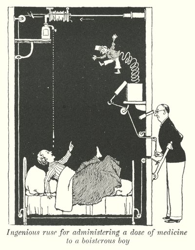Ötletes trükk egy adag gyógyszer beadására egy lármás fiúnak (litho) alkotó: William Heath Robinson