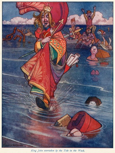 János királyt utolérte a dagály a mosásban alkotó: William Heath Robinson