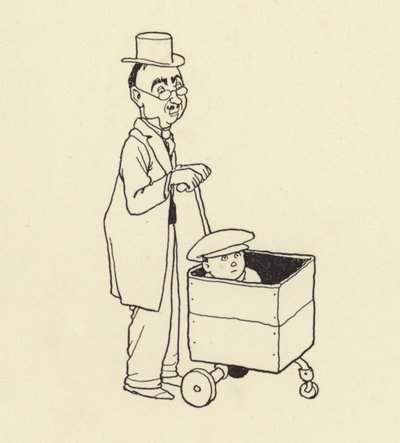 Férfi nyomja fiú egy dobozban alkotó: William Heath Robinson