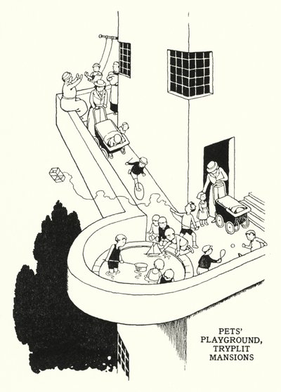 Háziállatok játszótere, Tryplit Mansions (litho) alkotó: William Heath Robinson