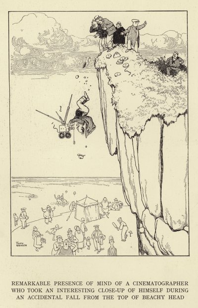 Figyelemre méltó jelenléte egy operatőrnek, aki érdekes közeli felvételt készített magáról, amikor véletlenül leesett a Beachy Head tetejéről alkotó: William Heath Robinson