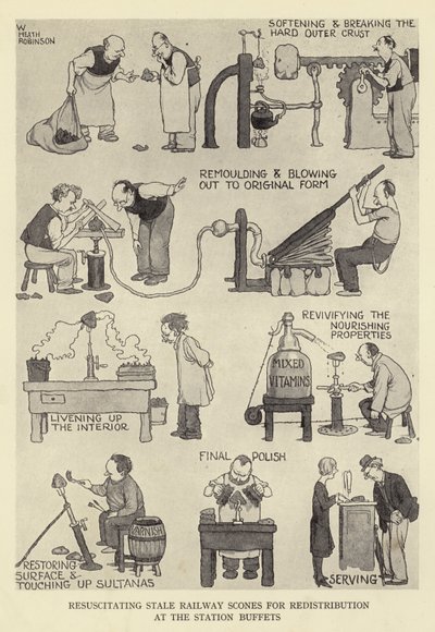 Állott vasúti pogácsák újraélesztése az állomási büfékben alkotó: William Heath Robinson