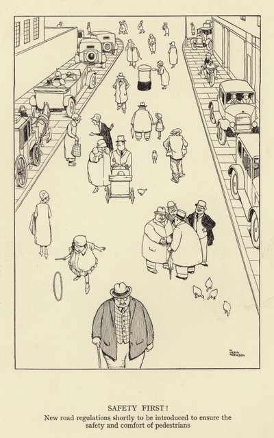 Első a biztonság! Hamarosan új útszabályok kerülnek bevezetésre a gyalogosok biztonsága és kényelme érdekében alkotó: William Heath Robinson