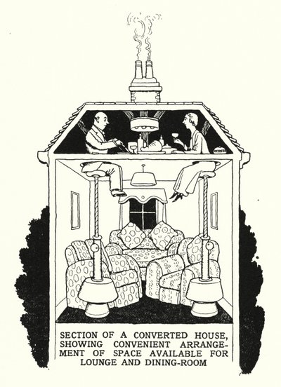 Egy átalakított ház része, kényelmesen elrendezett társalgó és étkező (litho) alkotó: William Heath Robinson