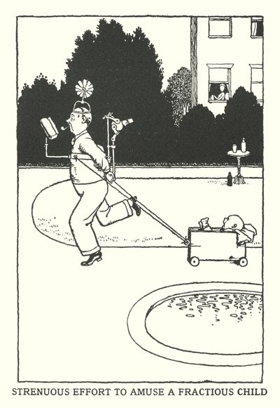 Erőteljes erőfeszítés egy törékeny gyermek szórakoztatására (litho) alkotó: William Heath Robinson