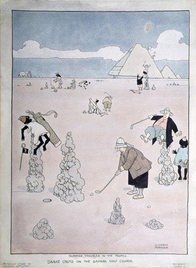 Nyári gondok a trópusokon – Kígyódobások a Szaharai golfpályán (toll, tus és akvarell) alkotó: William Heath Robinson
