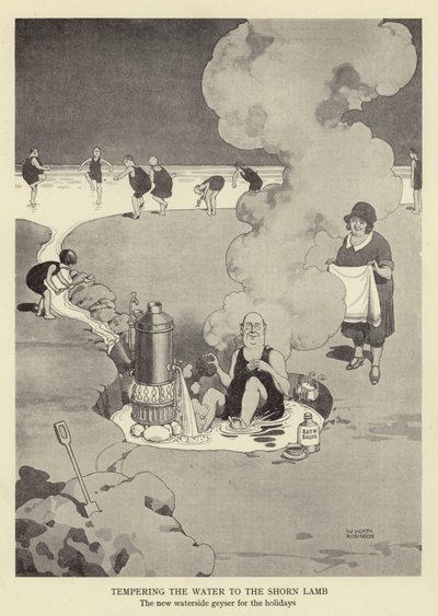 A víz temperálása a nyírt bárányhoz, az új vízparti gejzír az ünnepekre alkotó: William Heath Robinson