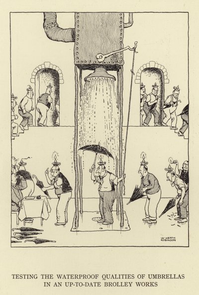Az esernyők vízálló tulajdonságainak tesztelése egy korszerű Brolley Worksben alkotó: William Heath Robinson