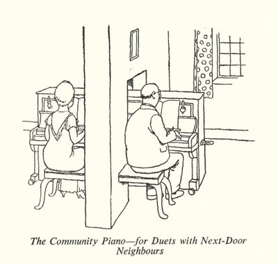 A közösségi zongora, duettekre a szomszédokkal (litho) alkotó: William Heath Robinson