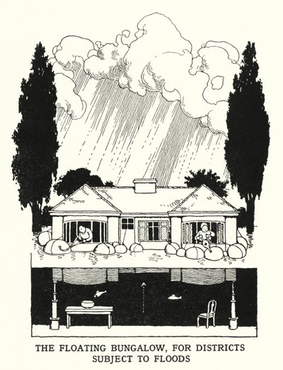 Az úszó bungaló árvíznek kitett kerületek számára (litho) alkotó: William Heath Robinson