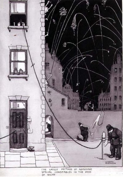 „A legújabb módszer a különleges rendőrök felkeltésére az éj holtában”, illusztráció az „Inventions”-hez, Duckworth 1973 (toll és tinta, akvarell) alkotó: William Heath Robinson