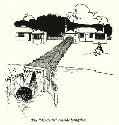 A "Modesty" tengerparti bungaló (litho) alkotó: William Heath Robinson