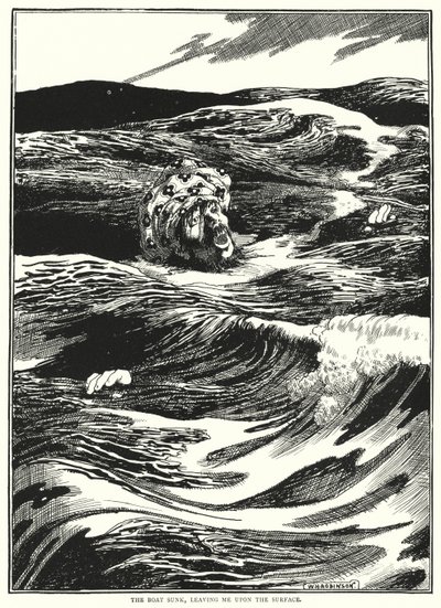 A csónak elsüllyedt, engem a felszínen hagyva (metszet) alkotó: William Heath Robinson