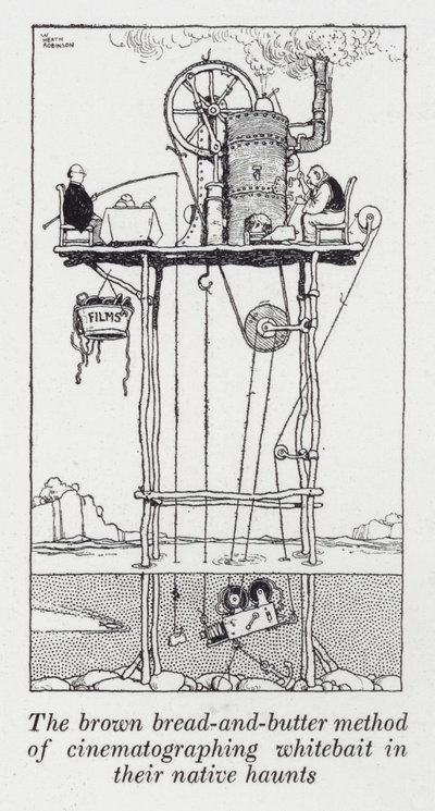 A barna kenyér és vaj módszere a fehér csali filmezésére a szülőhelyükön (litho) alkotó: William Heath Robinson