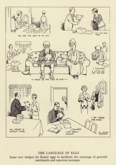 A tojások nyelve, néhány új design a húsvéti tojásokhoz a kecses érzelmek és szerelmi üzenetek cseréjének megkönnyítése érdekében alkotó: William Heath Robinson