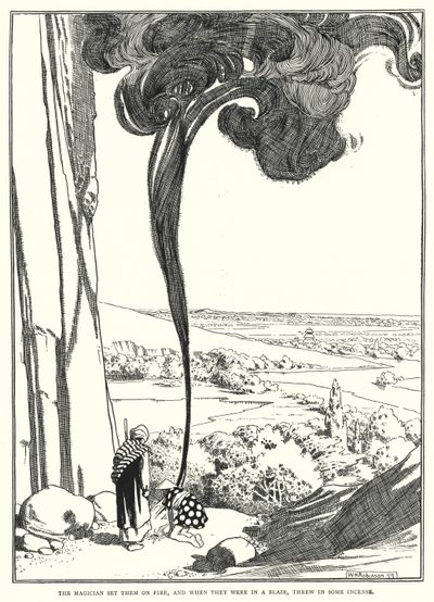 A bűvész felgyújtotta őket, és amikor lángokban álltak, beledobott egy tömjént (metszet) alkotó: William Heath Robinson