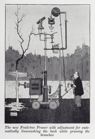 Az új Gyümölcsfa metsző állítással a kéreg automatikus mészmosásához az ágak metszése közben (litho) alkotó: William Heath Robinson