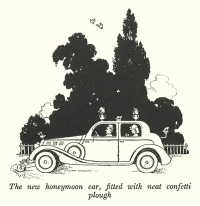 Az új nászutas autó, szép konfetti ekével (litho) alkotó: William Heath Robinson