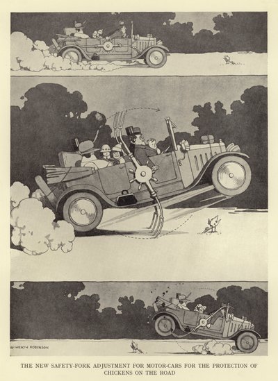 Az új biztonsági villaállítás autókhoz az úton lévő csirkék védelmére alkotó: William Heath Robinson
