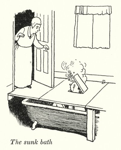 A süllyesztett fürdő (litho) alkotó: William Heath Robinson
