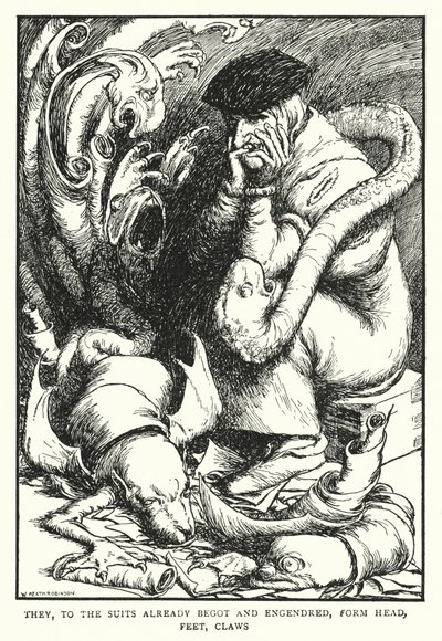 A már megszületett és megszületett öltönyökhöz fejet, lábakat, karmokat (litho) alkotnak. alkotó: William Heath Robinson