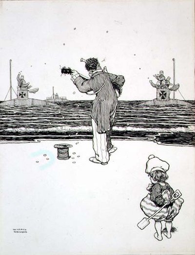 Kereskedelem az ellenséggel a Yarmouth Sands -en, a "Néhány ijesztő háborús kép" -ből alkotó: William Heath Robinson