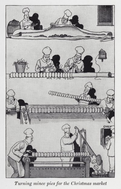 Darált piték forgatása a karácsonyi vásárhoz (litho) alkotó: William Heath Robinson