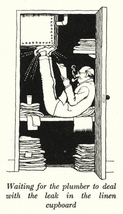 Várakozás, amíg a vízvezeték-szerelő megoldja az ágyneműs szekrény szivárgását (litho) alkotó: William Heath Robinson