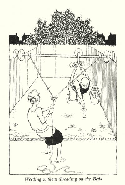Gyomlálás az ágyások taposása nélkül (litho) alkotó: William Heath Robinson