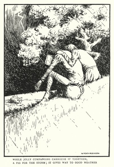 Míg a vidám társak együtt hordják, füge a viharnak, átadja helyét a jó időnek (litho) alkotó: William Heath Robinson