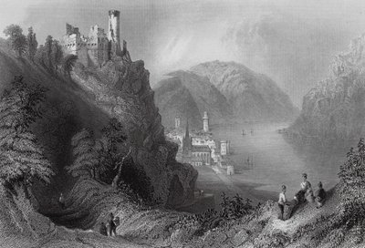Oberwesel és a schombergi vár (metszet) alkotó: William Henry (after) Bartlett