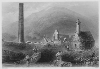 Kerek torony stb., Glendalough, Wicklow megye (metszet) alkotó: William Henry (after) Bartlett
