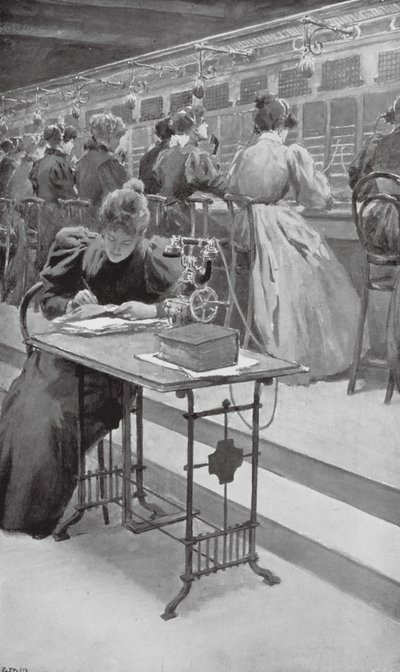 Munka közben egy telefonszobában (litográfia) alkotó: William Henry (after) Margetson
