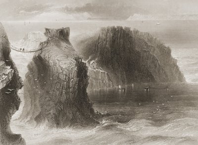 Carrick-a-Rede kötélhíd, Antrim megye, Észak-Írország, George Virtue „Scenery and Antiquities of Ireland” című művéből, 1860-as évek alkotó: William Henry Bartlett