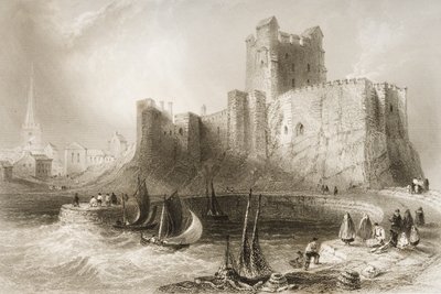 Carrickfergus kastély, Antrim megye, Észak-Írország, George Virtue „Scenery and Antiquities of Ireland” című művéből, 1860-as évek alkotó: William Henry Bartlett