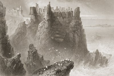 Dunluce Castle, Antrim megye, Észak-Írország, George Virtue "Scenery and Antiquities of Ireland" című művéből, 1860-as évek alkotó: William Henry Bartlett