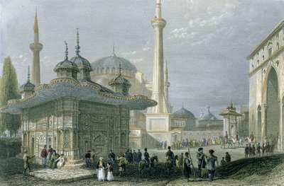 Szökőkút és Szent Szófia tér, Isztambul, T. Higham metszet, 1850 körül (akvatinta) alkotó: William Henry Bartlett